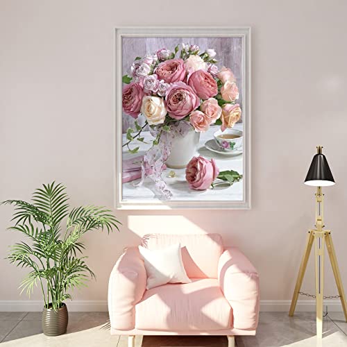 Shabby Pink & White Roses in Vase Diamond Painting Kit for Adults & Kids, 5D Full Drill Round - Chic Brico