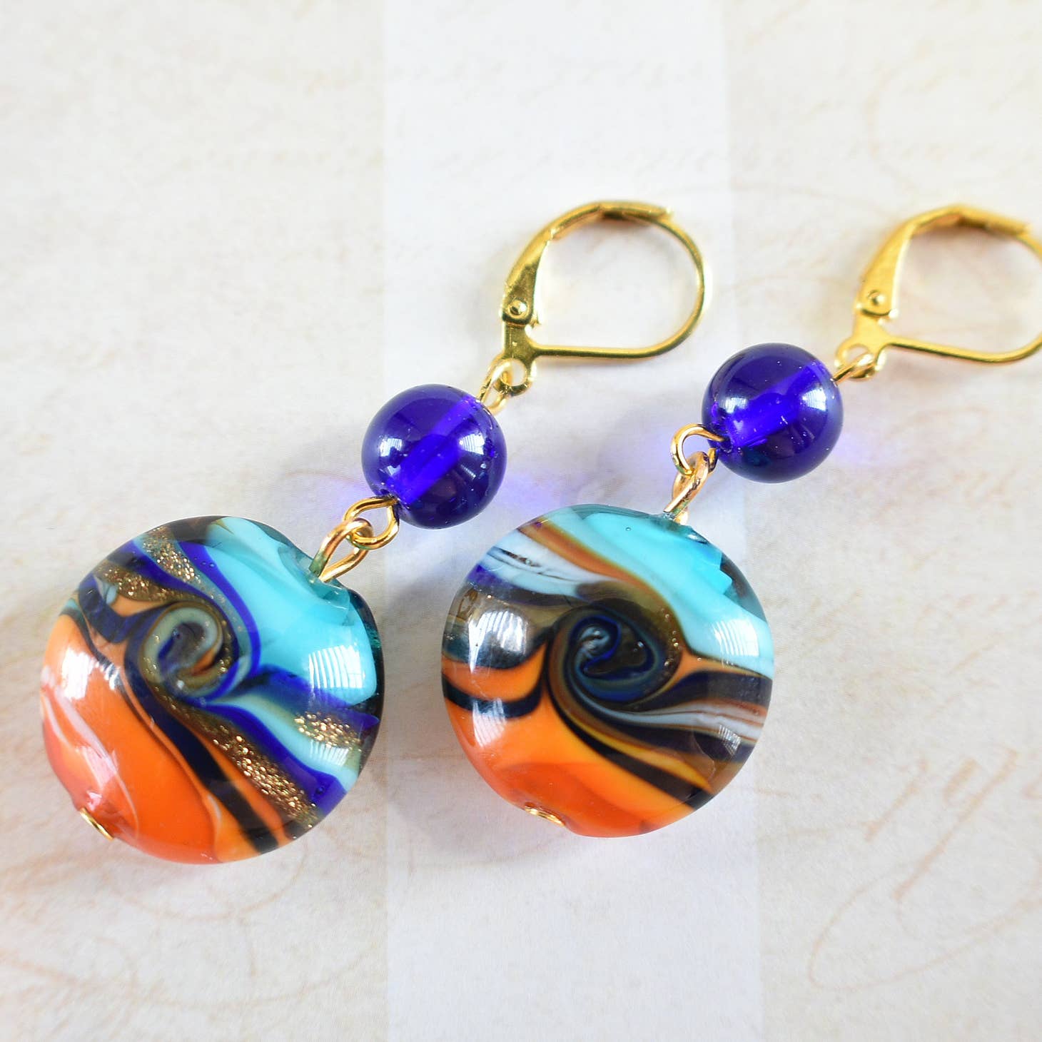 Royal Blue, Aqua, Orange and Gold Swirl Circle Dangle Earrings - Chic Brico