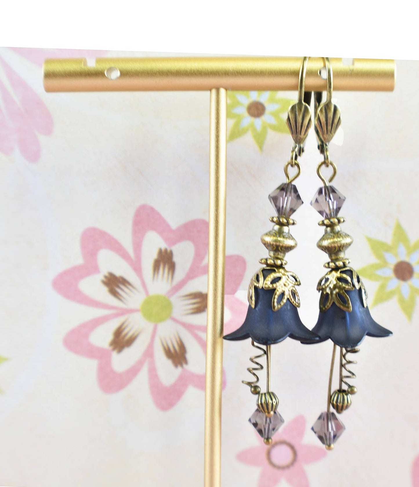 Vintage Victorian Style Dark Prussian Blue and Antique Bronze Bell Flower Lucite Earrings - Chic Brico