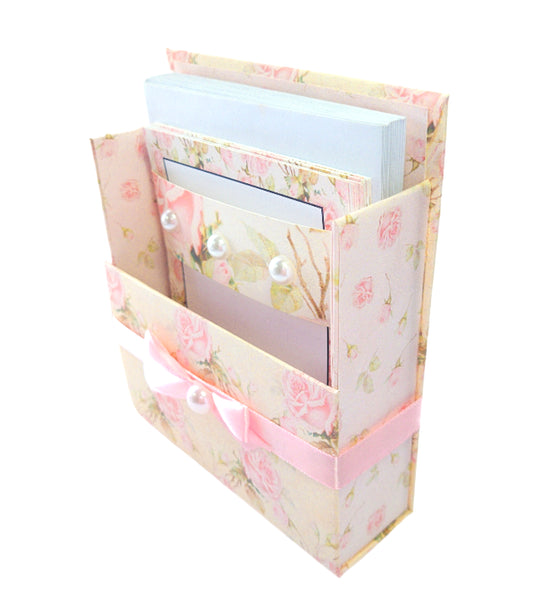 42-Pc Stationery Gift Box Set w/Reusable Desktop Organizer Box and Gold Pen - Shabby Chic Pink Roses