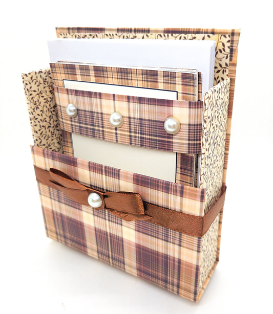 42-Pc Stationery For Him Gift Box Set w/Reusable Desktop Organizer Box and Gold Pen - Brown Plaid