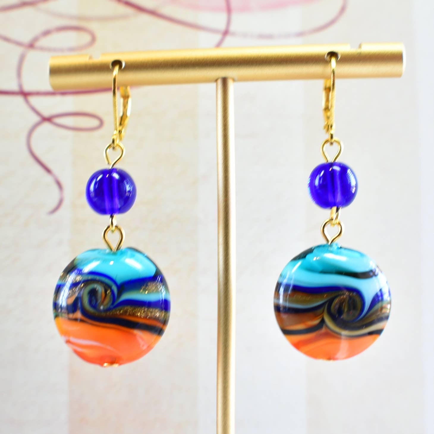 Royal Blue, Aqua, Orange and Gold Swirl Circle Dangle Earrings - Chic Brico