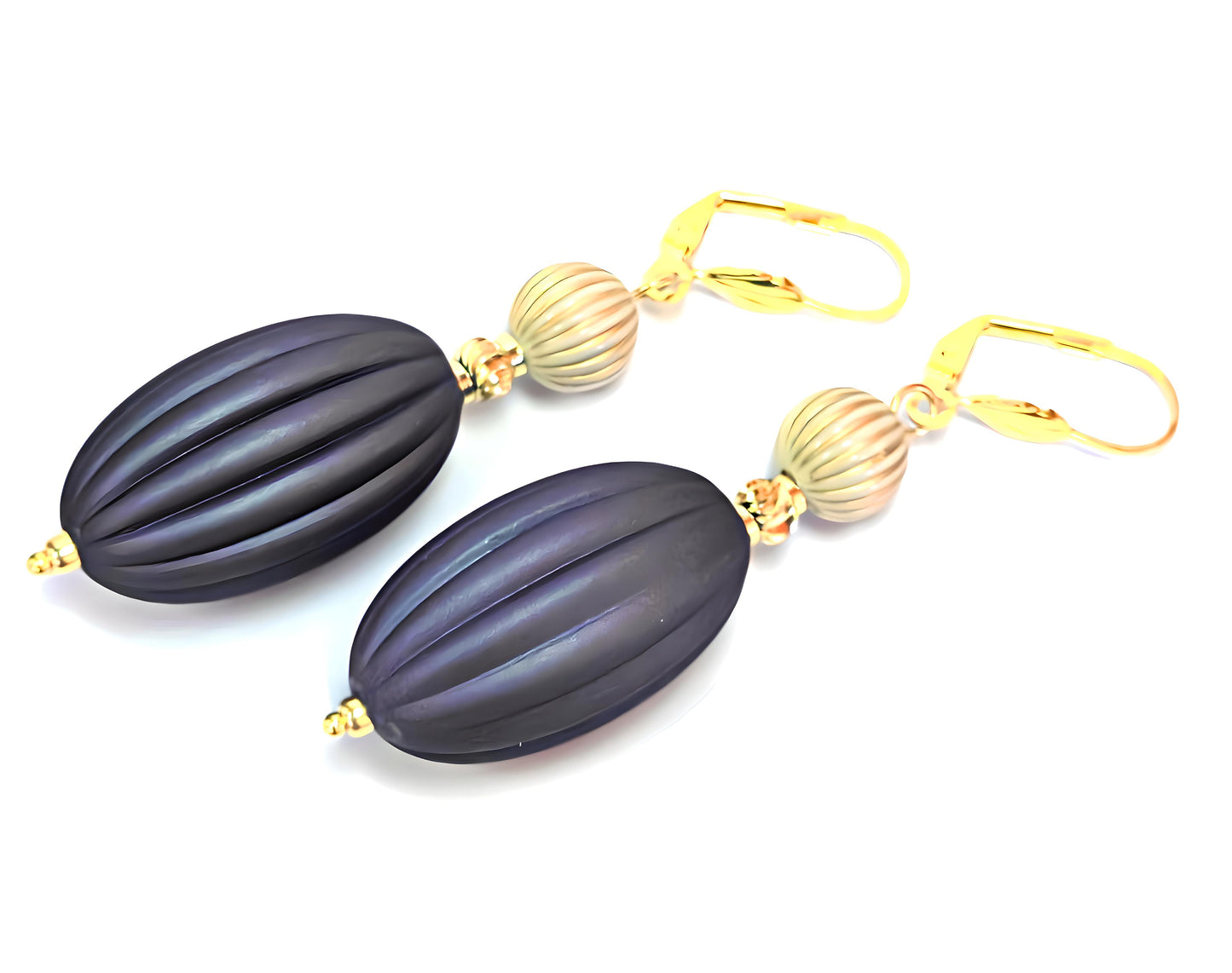 Dark Gray, Ivory and Gold Puffed Oval Dangle Silicone Statement Earrings