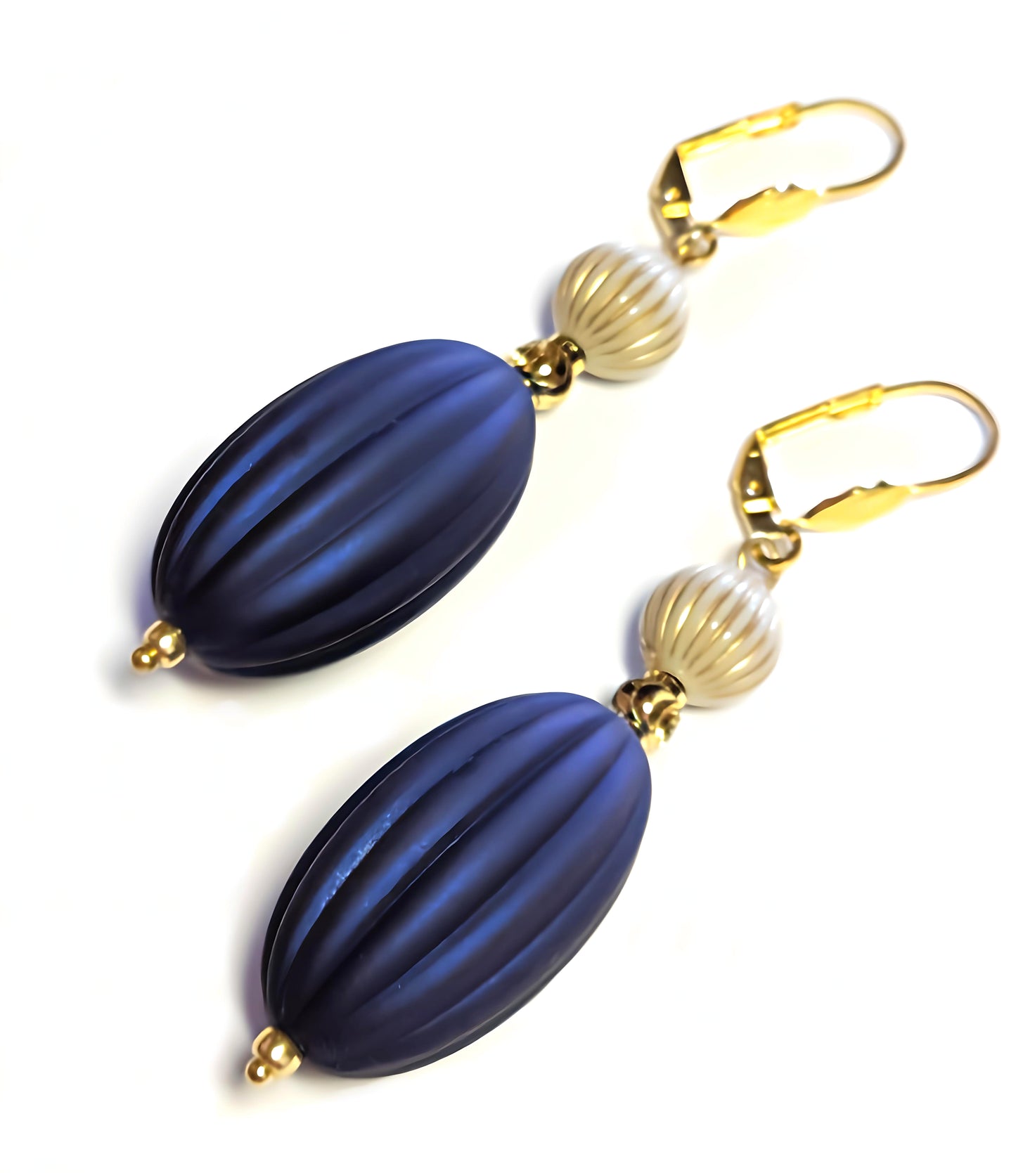 Navy Blue, Ivory and Gold Puffed Oval Dangle Silicone Statement Earrings