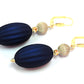 Navy Blue, Ivory and Gold Puffed Oval Dangle Silicone Statement Earrings