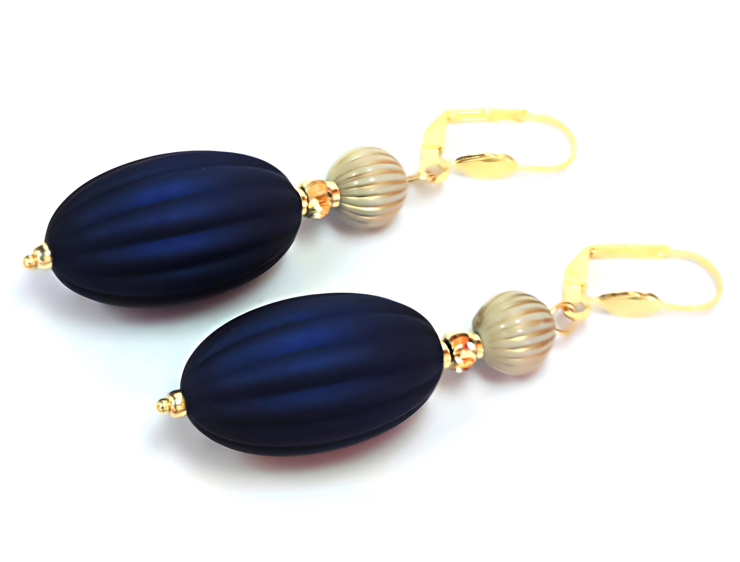 Navy Blue, Ivory and Gold Puffed Oval Dangle Silicone Statement Earrings