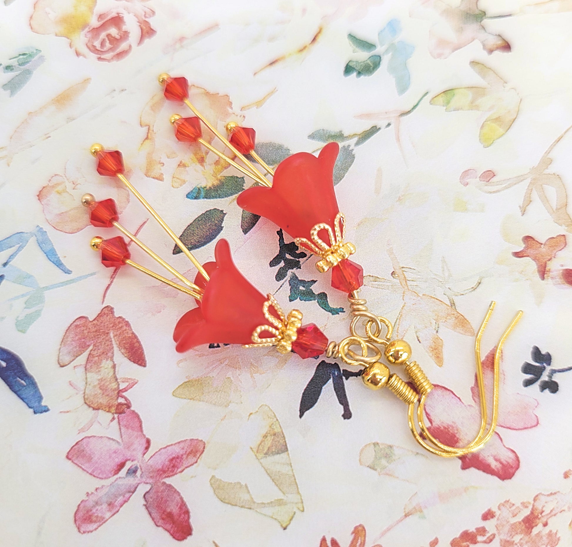Ruby Siam Red Flower Bell Earrings - Chic Brico