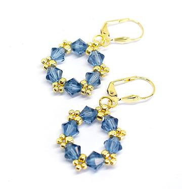 Birthstone Colors Hoop Earrings made with Swarovski Crystals, Denim Blue - Chic Brico