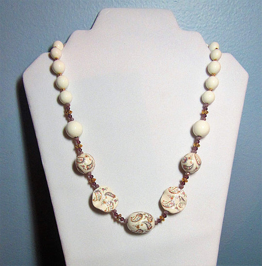 Ivory, Lilac and Gold Paisley Bead Necklace - Chic Brico
