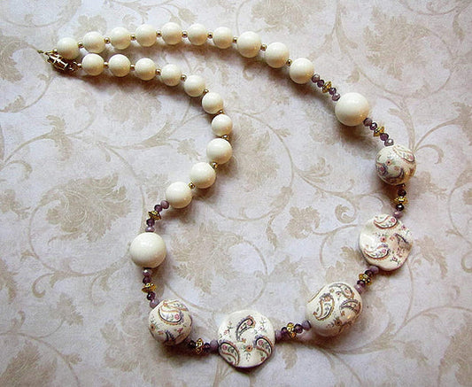 Ivory, Lilac and Gold Paisley Bead Necklace - Chic Brico