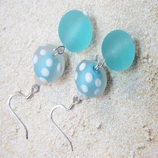 Aqua Blue & White Polka Dot Sea Glass Earrings - Chic Brico