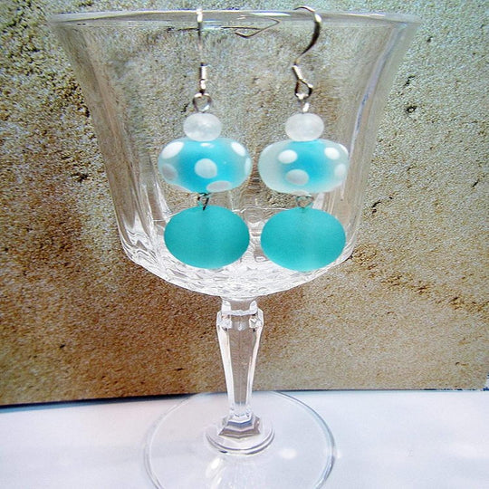 Aqua Blue & White Polka Dot Sea Glass Earrings - Chic Brico
