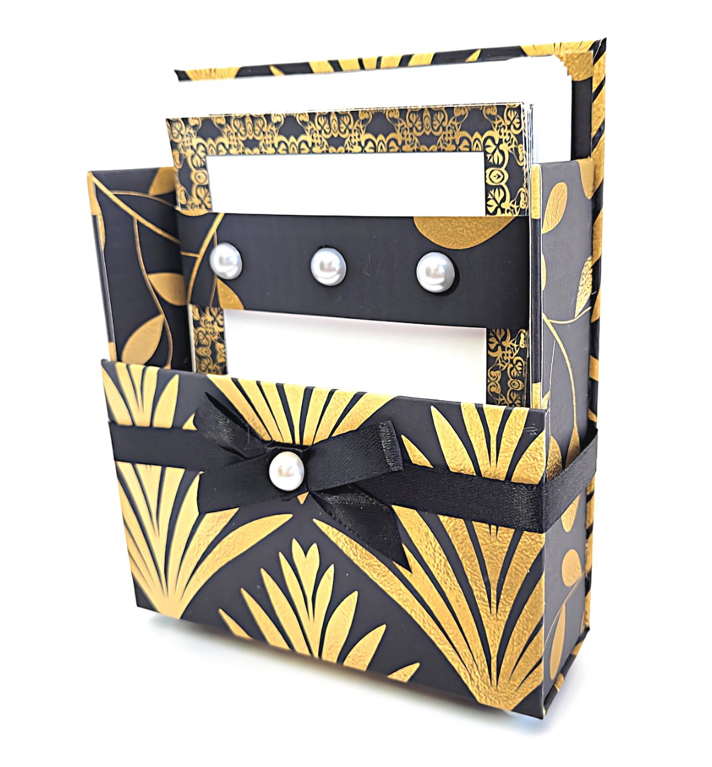 42-Pc Stationery For Him Gift Box Set w/Reusable Desktop Organizer Box and Gold Pen - Black & Gold Geometric - Chic Brico