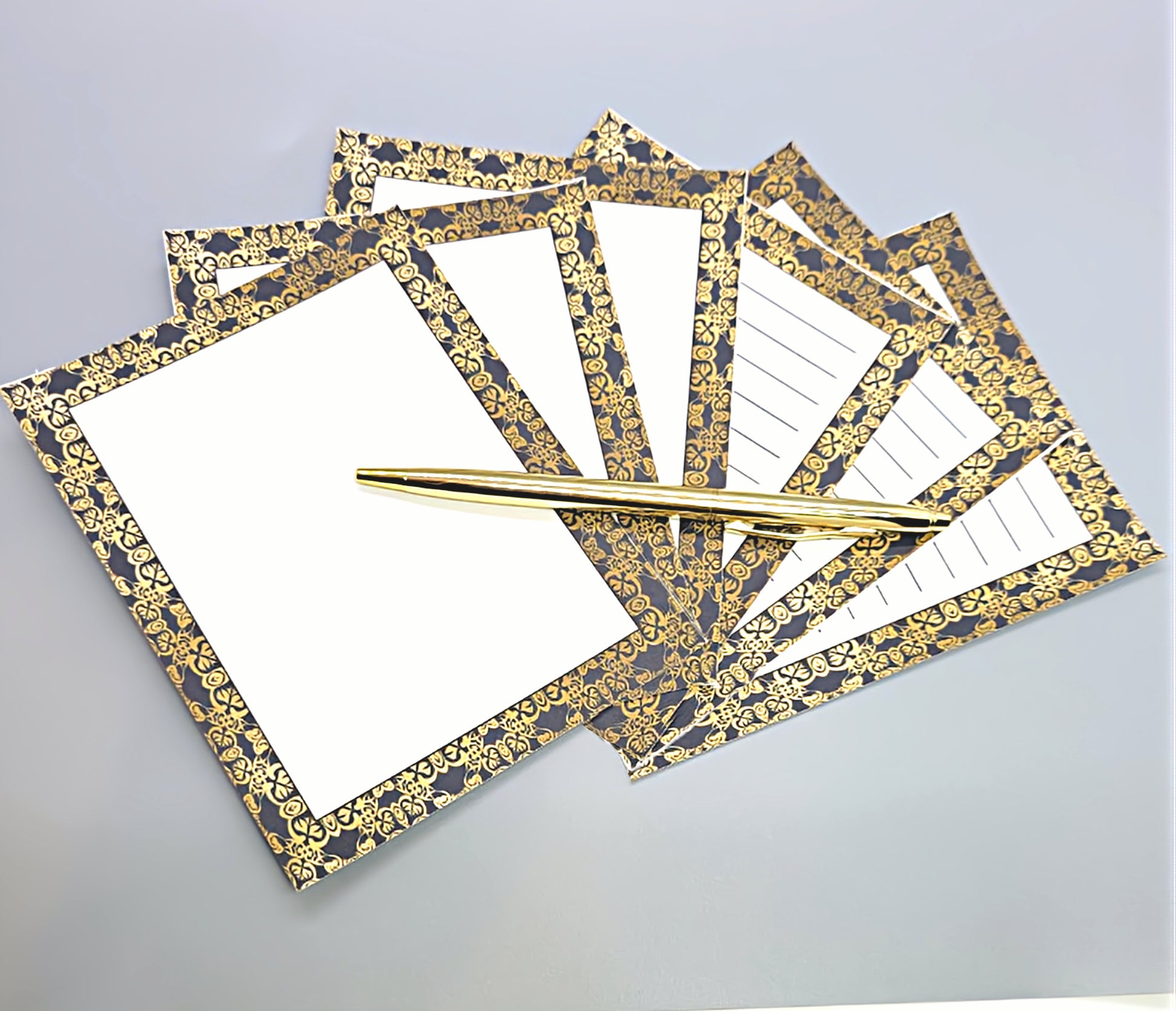42-Pc Stationery For Him Gift Box Set w/Reusable Desktop Organizer Box and Gold Pen - Black & Gold Geometric - Chic Brico