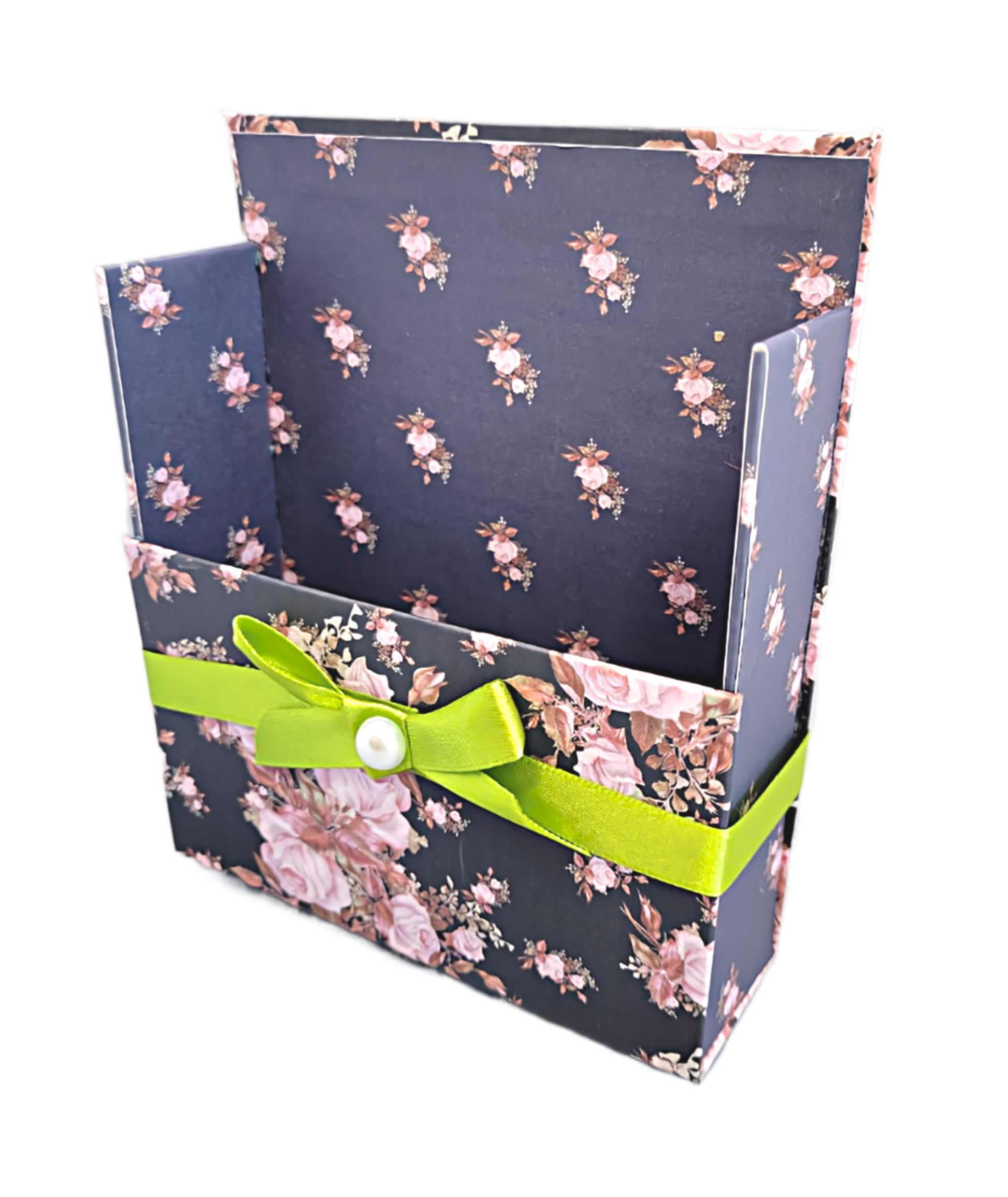 42-Pc Stationery Gift Box Set w/Reusable Desktop Organizer Box and Gold Pen - Pink & Coral Roses on Black - Chic Brico