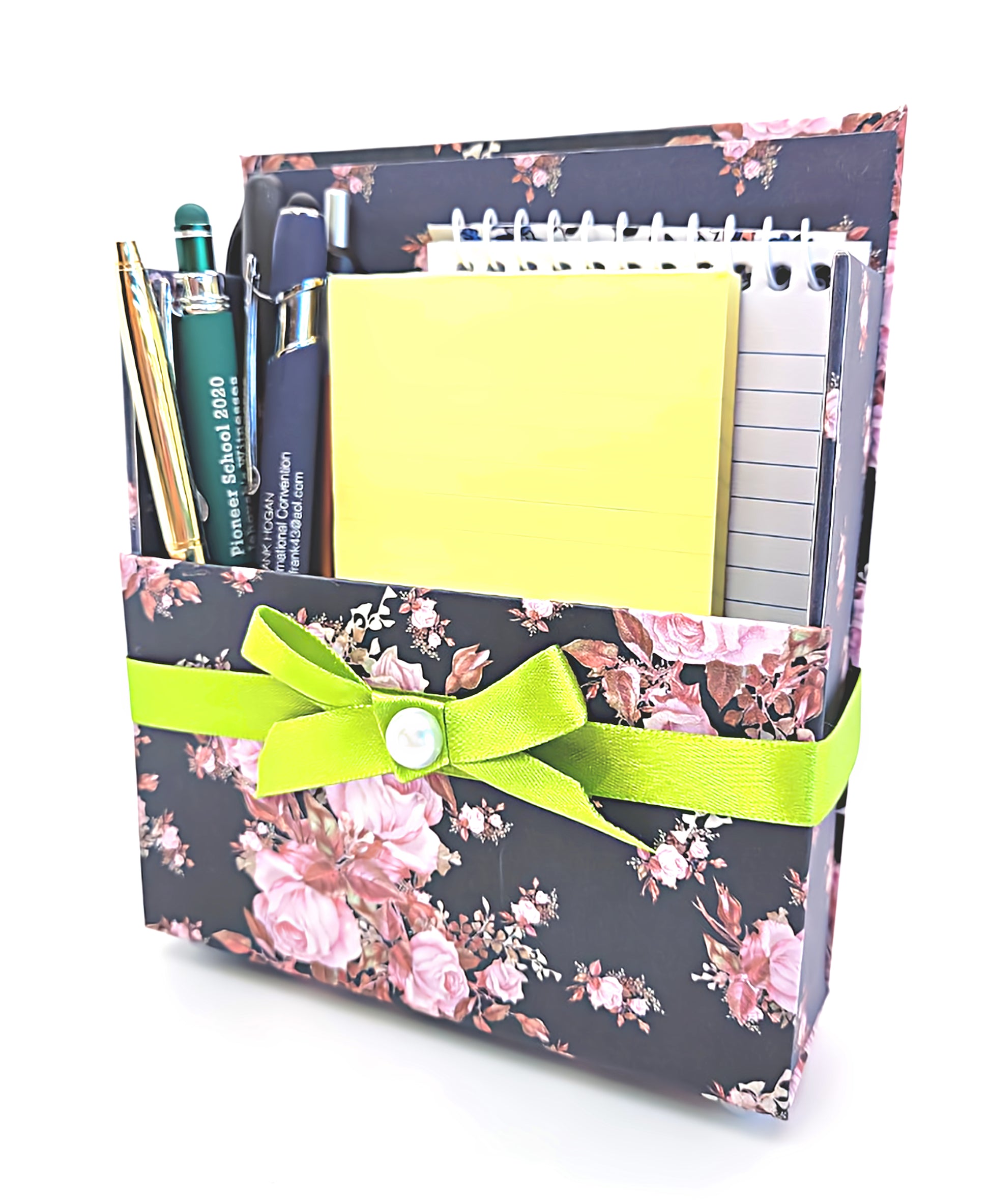 42-Pc Stationery Gift Box Set w/Reusable Desktop Organizer Box and Gold Pen - Pink & Coral Roses on Black - Chic Brico