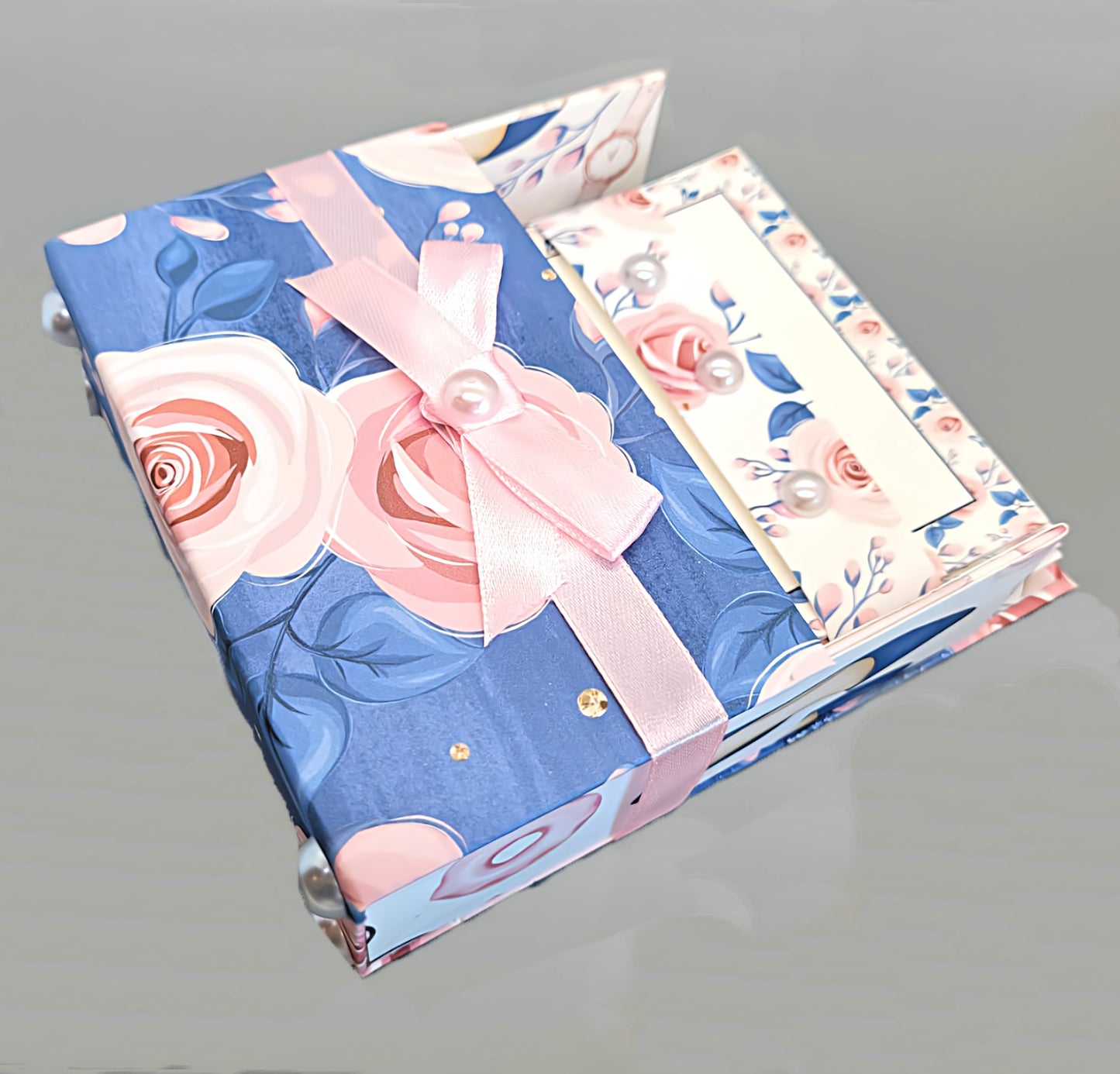 42-Pc Stationery Gift Box Set with Reusable Desktop Organizer Box  (Pink & Blue Floral Roses) - Chic Brico