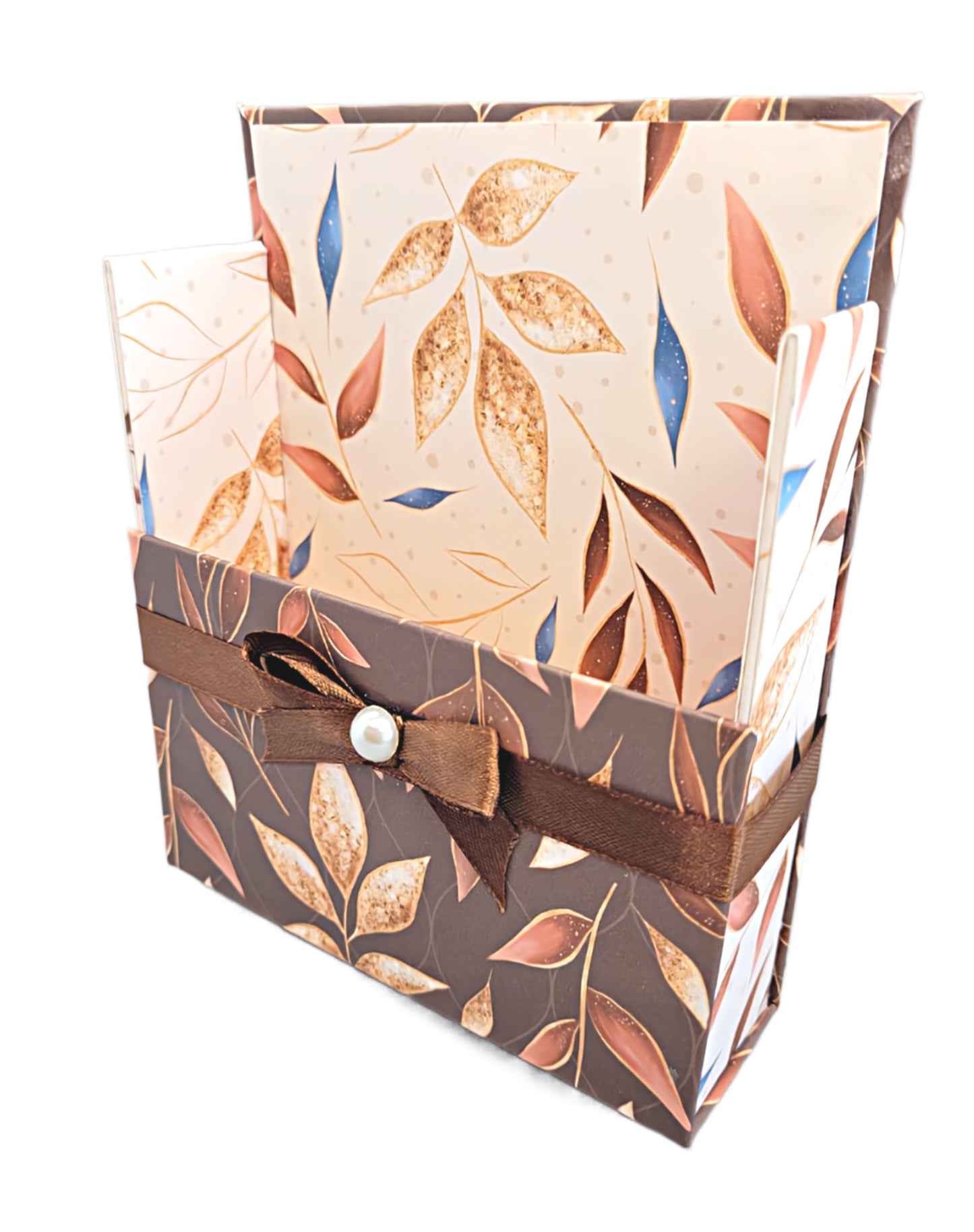 42-Pc Stationery Gift Box Set w/Reusable Desktop Organizer Box and Gold Pen - Blue, Brown & Gold Leaves - Chic Brico