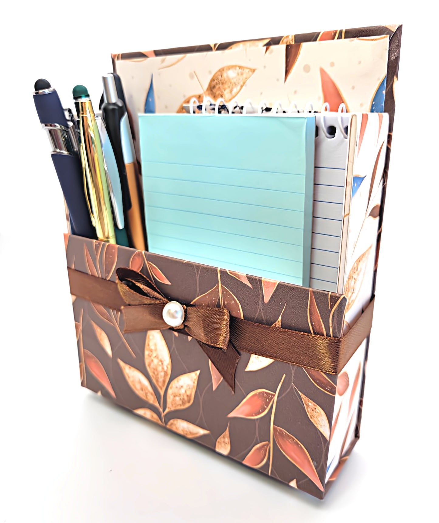 42-Pc Stationery Gift Box Set w/Reusable Desktop Organizer Box and Gold Pen - Blue, Brown & Gold Leaves - Chic Brico