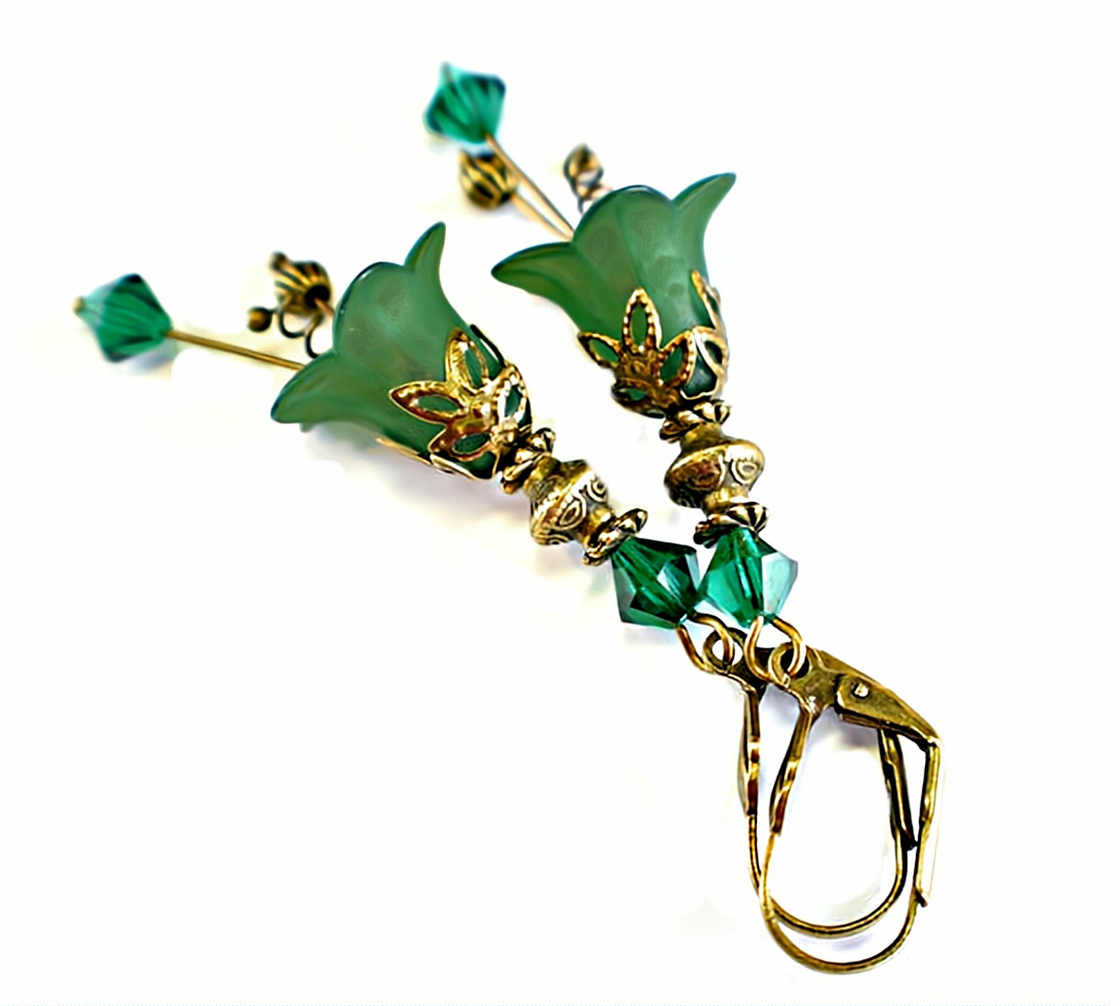 Vintage Victorian Style Emerald Green and Antique Bronze Bell Flower Lucite Earrings - Chic Brico