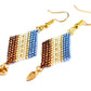 Blue, Copper and Gold Diamond-Shaped Diagonal Geometric Earrings w/Leaf Charm - Chic Brico