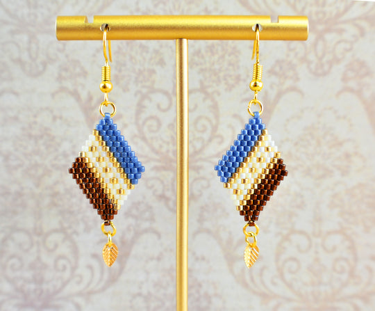 Blue, Copper and Gold Diamond-Shaped Diagonal Geometric Earrings w/Leaf Charm - Chic Brico