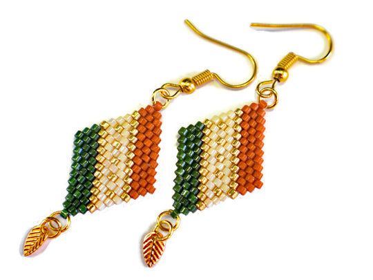 Green, Sienna and Gold Diamond-Shaped Diagonal Geometric Earrings w/Leaf Charm - Chic Brico