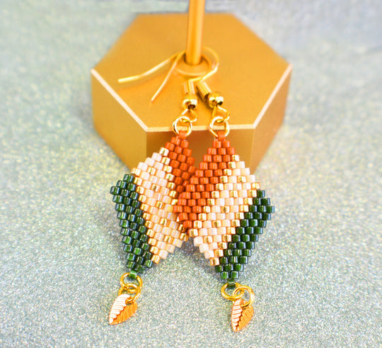 Green, Sienna and Gold Diamond-Shaped Diagonal Geometric Earrings w/Leaf Charm - Chic Brico