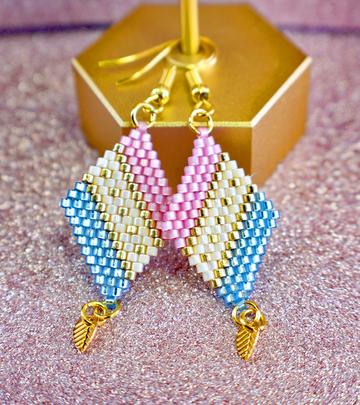 Baby Blue, Baby Pink and Gold Diagonal Geometric Delica Earrings - Chic Brico