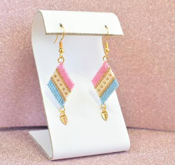 Baby Blue, Baby Pink and Gold Diagonal Geometric Delica Earrings - Chic Brico