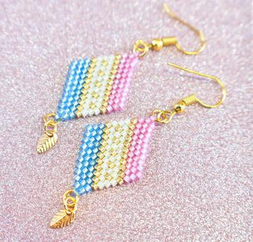 Baby Blue, Baby Pink and Gold Diagonal Geometric Delica Earrings - Chic Brico
