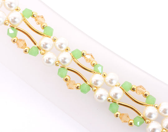 Jade Green, Gold Crystal and Pearl Hex Block Link Bracelet - Chic Brico