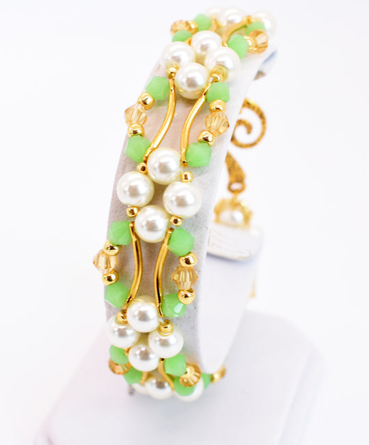 Jade Green, Gold Crystal and Pearl Hex Block Link Bracelet - Chic Brico