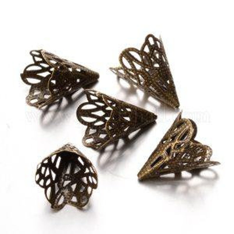 Antique Bronze Iron Filigree Wide Cone Bead Caps - Qty 20 or 40 - Chic Brico