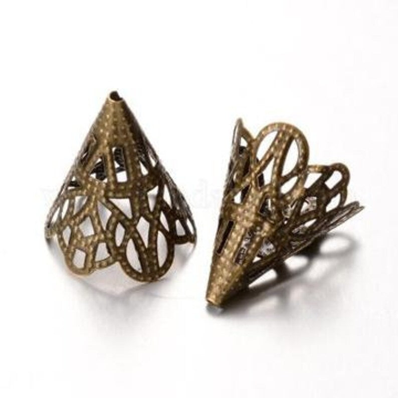 Antique Bronze Iron Filigree Wide Cone Bead Caps - Qty 20 or 40 - Chic Brico