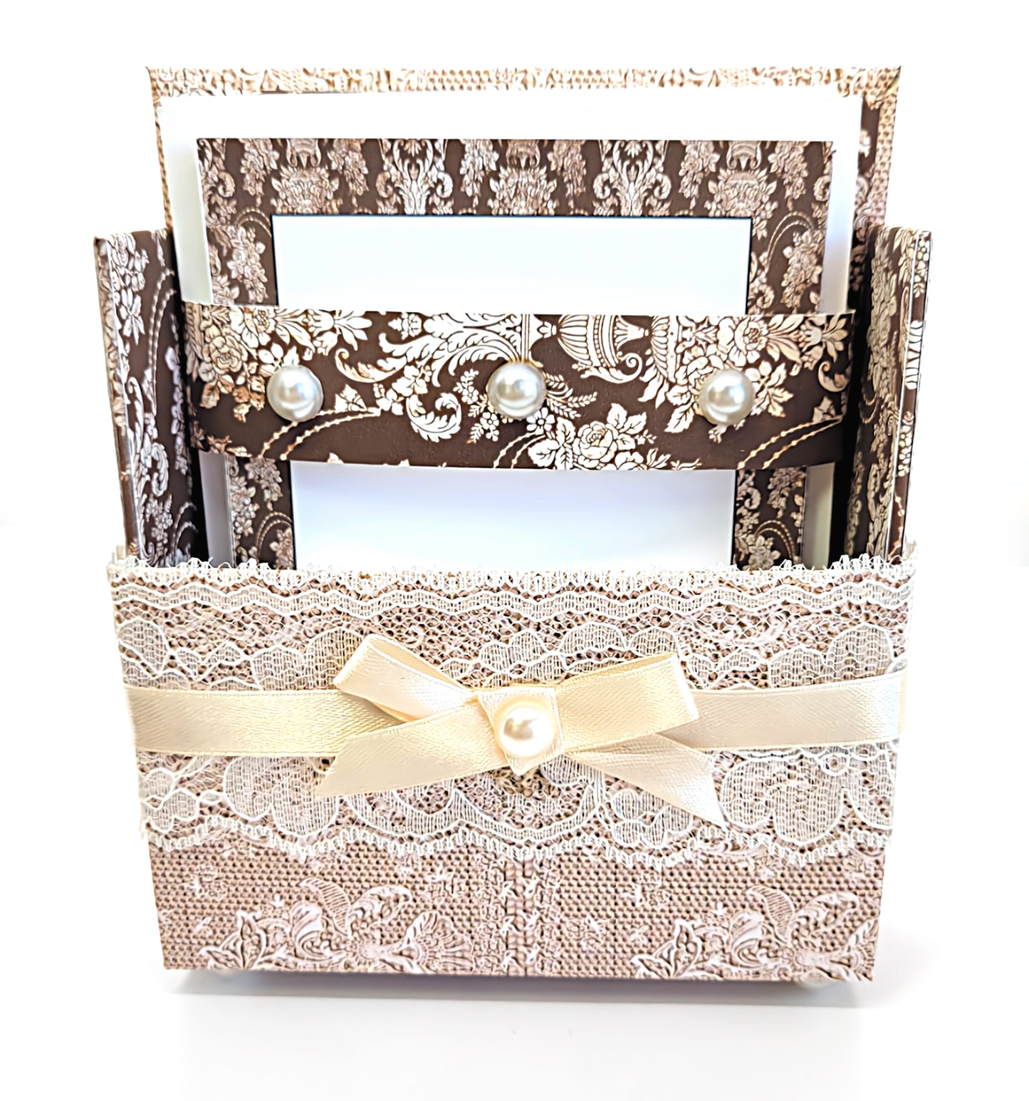 42-Pc Stationery Gift Box Set w/Reusable Desktop Organizer Box and Gold Pen - Ivory & Brown Vintage Lace - Chic Brico