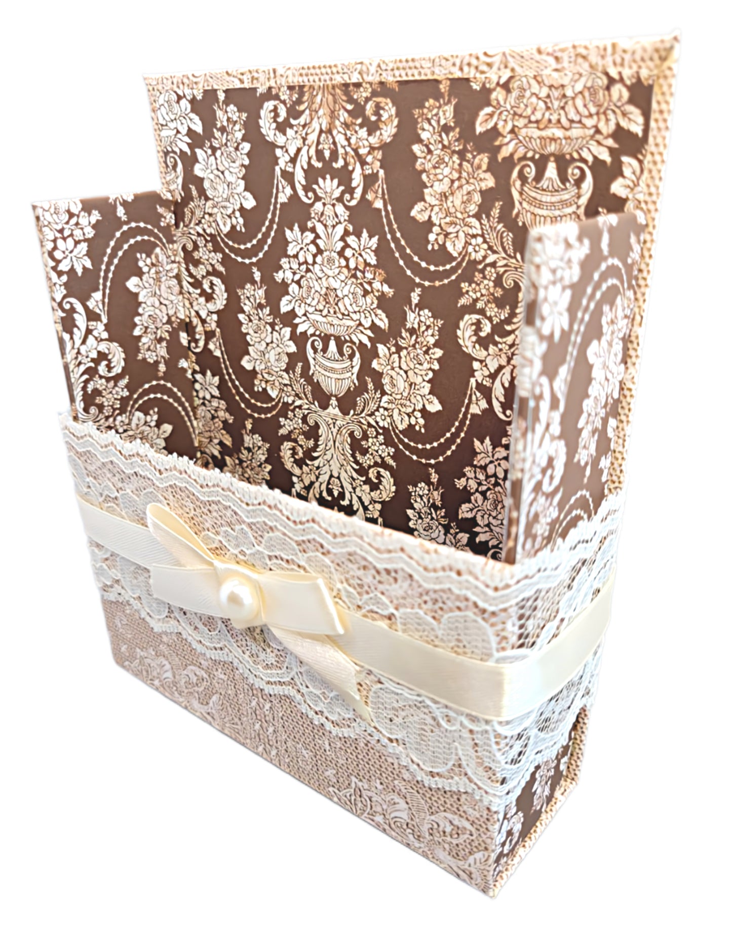 42-Pc Stationery Gift Box Set w/Reusable Desktop Organizer Box and Gold Pen - Ivory & Brown Vintage Lace - Chic Brico