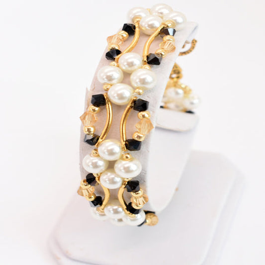 Jet Black and Gold Crystal and Pearl Hex Block Link Bracelet - Chic Brico