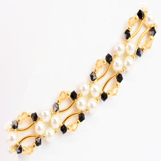 Jet Black and Gold Crystal and Pearl Hex Block Link Bracelet - Chic Brico