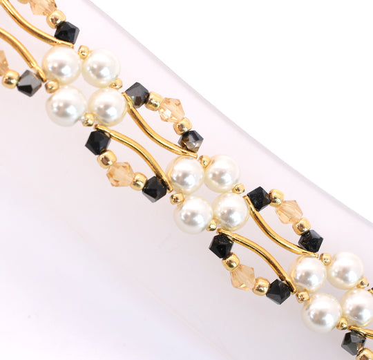 Jet Black and Gold Crystal and Pearl Hex Block Link Bracelet - Chic Brico