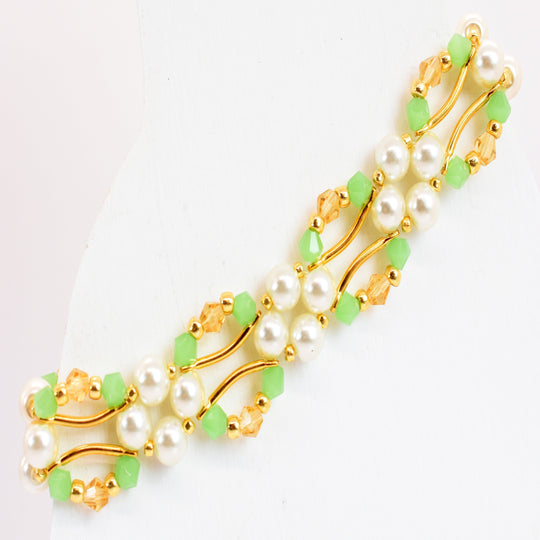 Jade Green, Gold Crystal and Pearl Hex Block Link Bracelet - Chic Brico