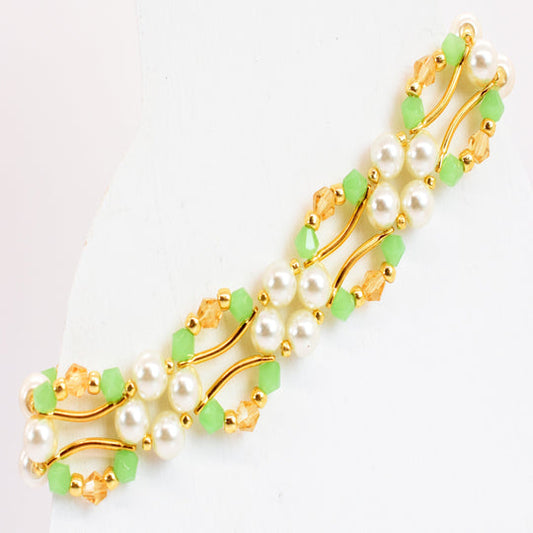 Jade Green, Gold Crystal and Pearl Hex Block Link Bracelet - Chic Brico