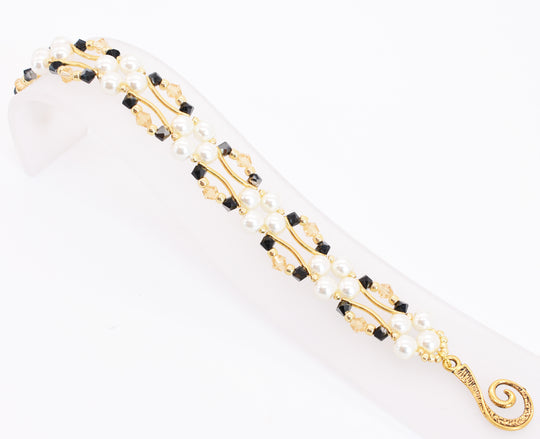 Jet Black and Gold Crystal and Pearl Hex Block Link Bracelet - Chic Brico