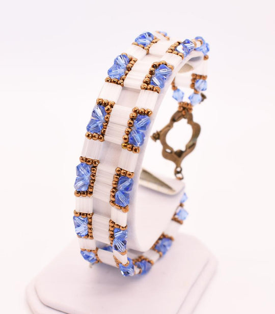 Blue, White & Antique Gold Block Link Bracelet - Chic Brico