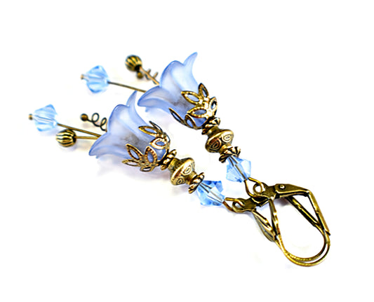 Vintage Victorian Style Light Denim Blue and Antique Bronze Bell Flower Lucite Earrings - Chic Brico