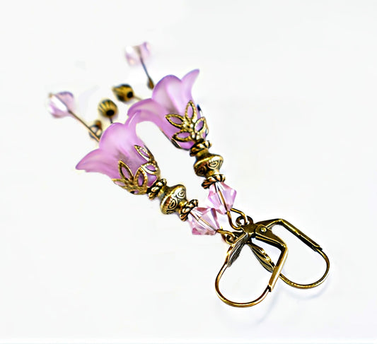 Vintage Victorian Style Lilac and Antique Bronze Bell Flower Lucite Earrings - Chic Brico