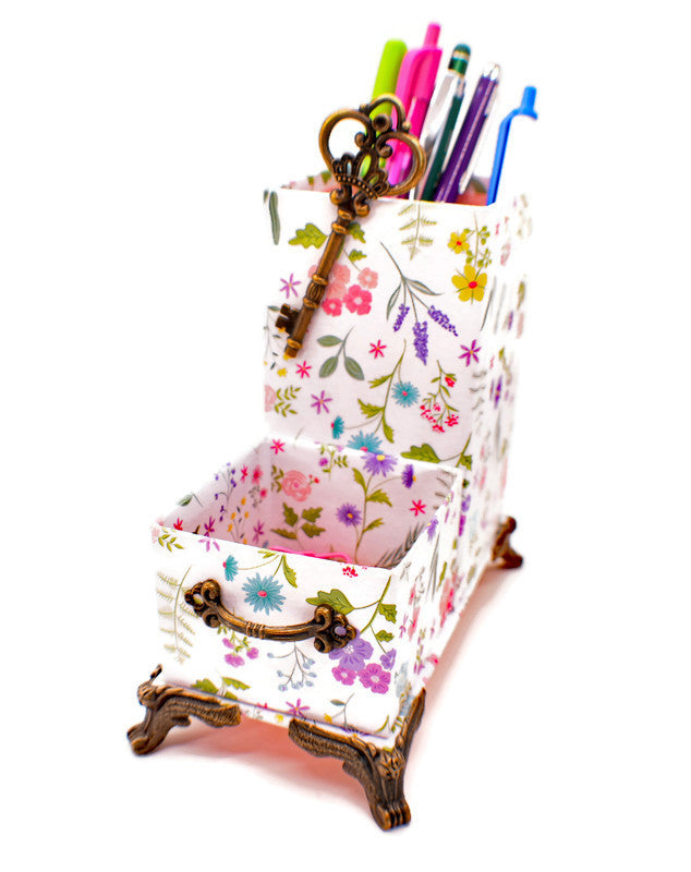 Spring Flowers Bouquet Desktop Organizer for Pens and Clips w/Antique Key Accent - Chic Brico