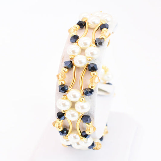 Midnight Navy Blue and Gold Crystal and Pearl Hex Block Link Bracelet - Chic Brico