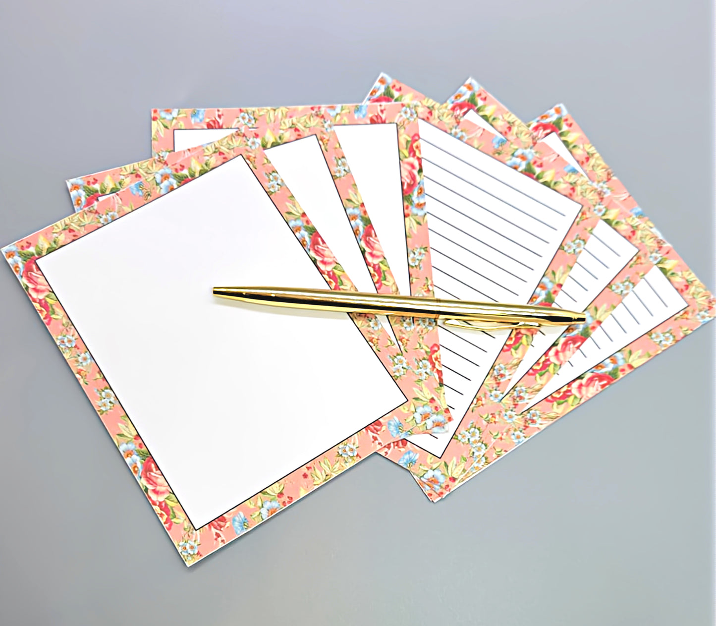 42-Pc Stationery Gift Box Set w/Reusable Desktop Organizer Box and Gold Pen - Coral Pink & Sage Green Floral - Chic Brico