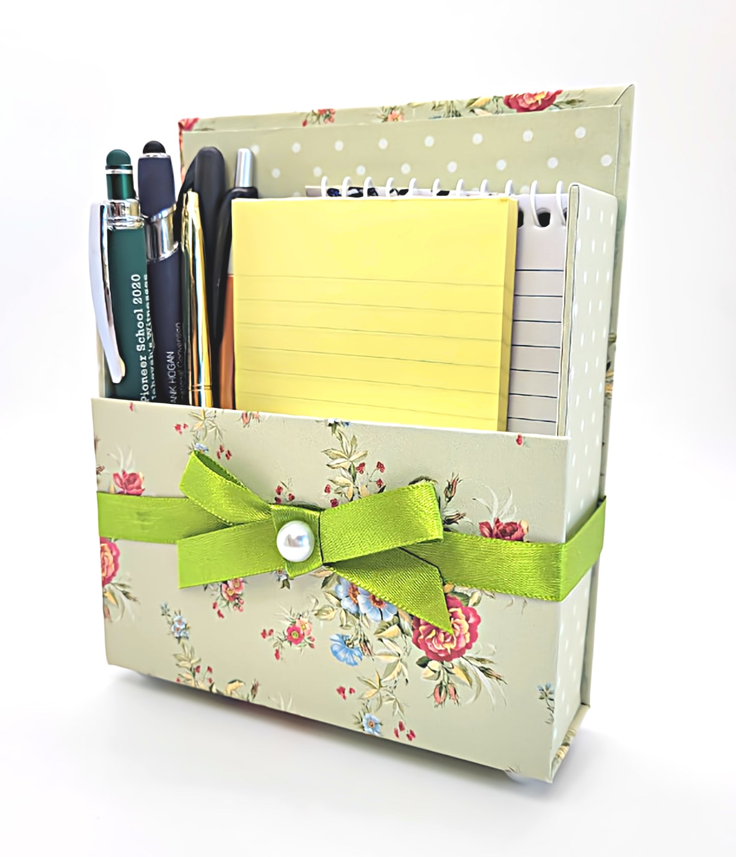 42-Pc Stationery Gift Box Set w/Reusable Desktop Organizer Box and Gold Pen - Coral Pink & Sage Green Floral - Chic Brico